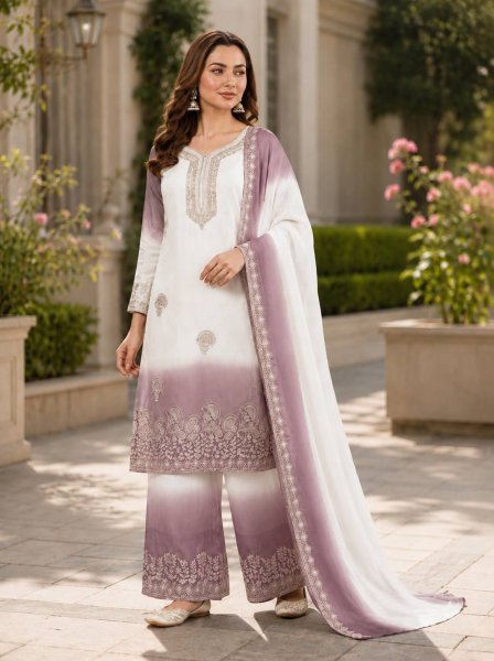 Minimalist White Purple Premium Georgette Kurti Plazzo Dupatta Collection Ready To Wear Collection
