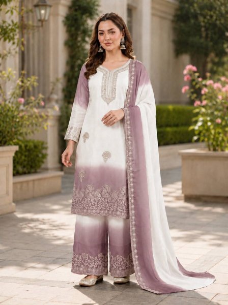 Minimalist White Purple Premium Georgette Kurti Plazzo Dupatta Collection Ready To Wear Collection