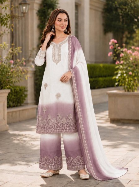 Minimalist White Purple Premium Georgette Kurti Plazzo Dupatta Collection Ready To Wear Collection