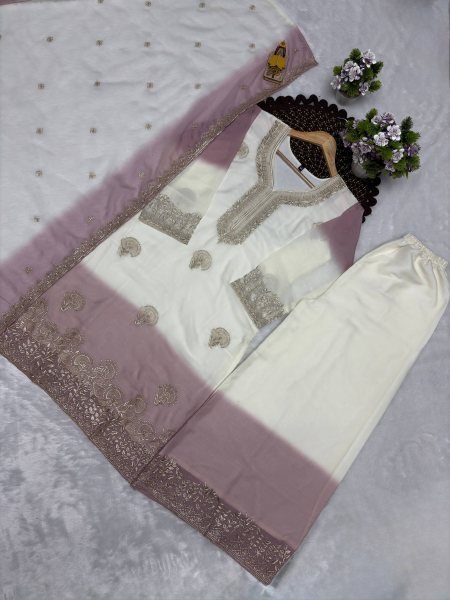 Minimalist White Purple Premium Georgette Kurti Plazzo Dupatta Collection Ready To Wear Collection
