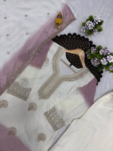 Minimalist White Purple Premium Georgette Kurti Plazzo Dupatta Collection Ready To Wear Collection