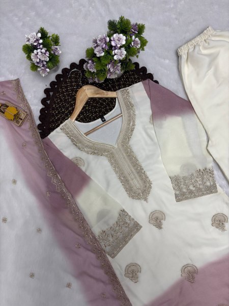 Minimalist White Purple Premium Georgette Kurti Plazzo Dupatta Collection Ready To Wear Collection