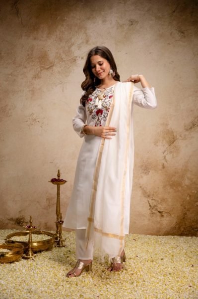 Minimalist White Roman Fabric Kurti Pant Dupatta Set for Office Wear  Straight Cut Long Kurtis