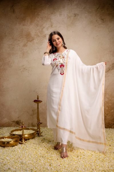 Minimalist White Roman Fabric Kurti Pant Dupatta Set for Office Wear  Straight Cut Long Kurtis