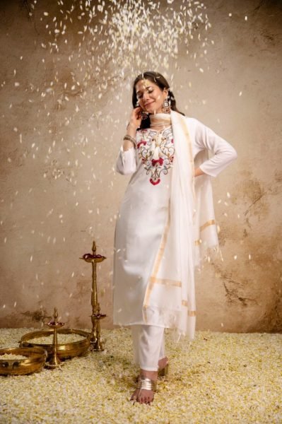 Minimalist White Roman Fabric Kurti Pant Dupatta Set for Office Wear  Straight Cut Long Kurtis