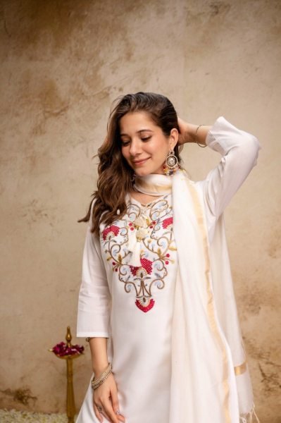 Minimalist White Roman Fabric Kurti Pant Dupatta Set for Office Wear  Straight Cut Long Kurtis