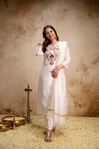 Minimalist White Roman Fabric Kurti Pant Dupatta Set for Office Wear  Straight Cut Long Kurtis