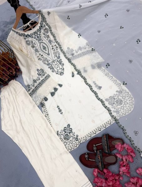 Minimalist White Satin Rayon Top Farshi Pajama Set With Sequence And Georgette Dupatta For Wholesale Collection Ready To Wear Collection