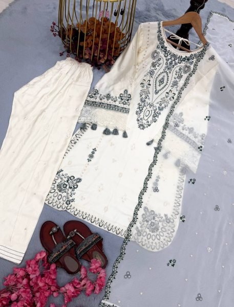 Minimalist White Satin Rayon Top Farshi Pajama Set With Sequence And Georgette Dupatta For Wholesale Collection Ready To Wear Collection