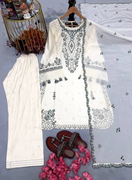 Minimalist White Satin Rayon Top Farshi Pajama Set With Sequence And Georgette Dupatta For Wholesale Collection Ready To Wear Collection