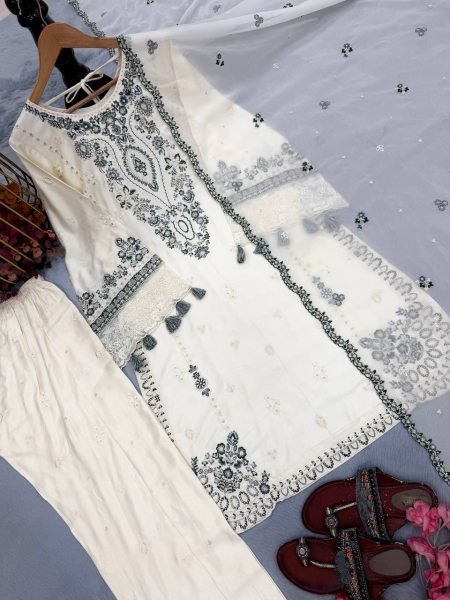 Minimalist White Satin Rayon Top Farshi Pajama Set With Sequence And Georgette Dupatta For Wholesale Collection Ready To Wear Collection