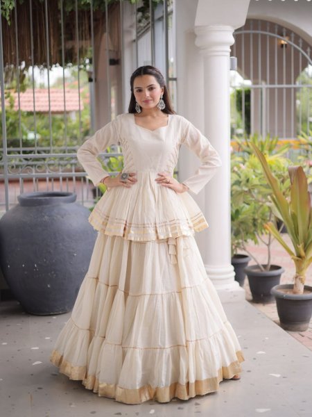 Minimalist White Women's Gota Patti Cora Cotton Lehenga for Festive Celebrations 