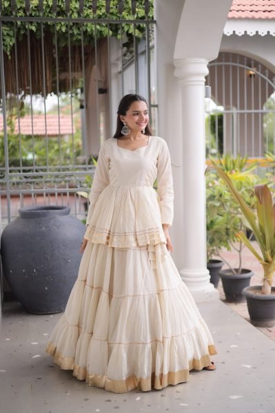 Minimalist White Women's Gota Patti Cora Cotton Lehenga for Festive Celebrations Ready To Wear Collection
