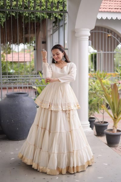 Minimalist White Women's Gota Patti Cora Cotton Lehenga for Festive Celebrations Ready To Wear Collection