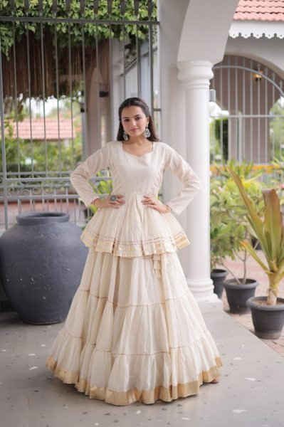 Minimalist White Women's Gota Patti Cora Cotton Lehenga for Festive Celebrations Ready To Wear Collection