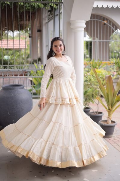 Minimalist White Women's Gota Patti Cora Cotton Lehenga for Festive Celebrations Ready To Wear Collection