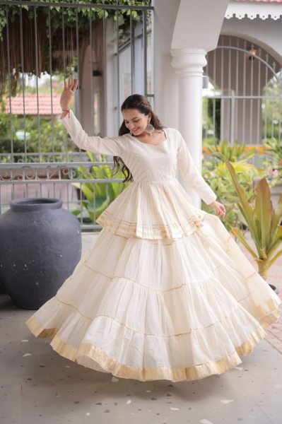 Minimalist White Women's Gota Patti Cora Cotton Lehenga for Festive Celebrations Ready To Wear Collection