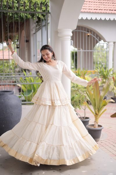 Minimalist White Women's Gota Patti Cora Cotton Lehenga for Festive Celebrations Ready To Wear Collection
