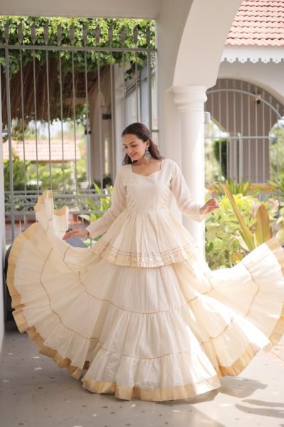 Minimalist White Women's Gota Patti Cora Cotton Lehenga for Festive Celebrations Ready To Wear Collection