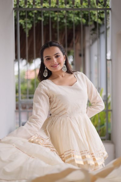 Minimalist White Women's Gota Patti Cora Cotton Lehenga for Festive Celebrations Ready To Wear Collection
