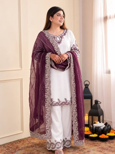Minimalist Wine Maska Cotton Palazzo Set with Embroidery Work For Wedding Wear Ready To Wear Suit