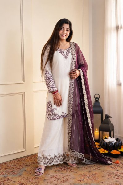 Minimalist Wine Maska Cotton Palazzo Set with Embroidery Work For Wedding Wear Ready To Wear Collection