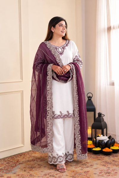 Minimalist Wine Maska Cotton Palazzo Set with Embroidery Work For Wedding Wear Ready To Wear Collection