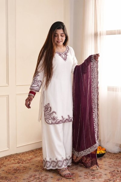 Minimalist Wine Maska Cotton Palazzo Set with Embroidery Work For Wedding Wear Ready To Wear Collection