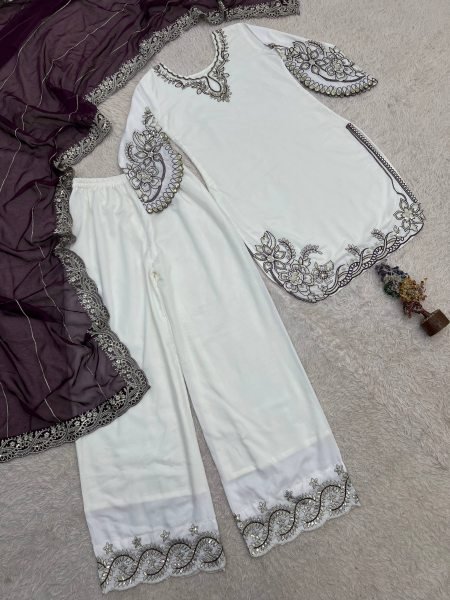 Minimalist Wine Maska Cotton Palazzo Set with Embroidery Work For Wedding Wear Ready To Wear Collection