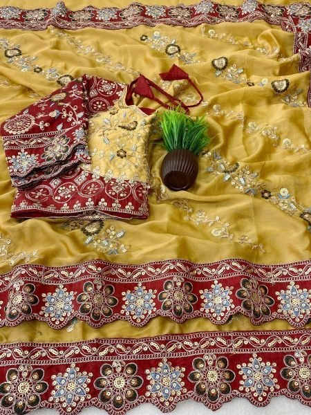 Minimalist Yellow Elegant Pure Rangoli Silk Saree with Matching Stitched Blouse 