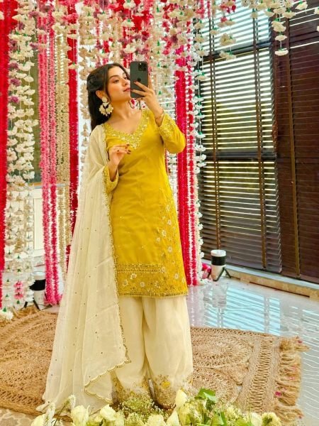 Minimalist Yellow Pure HO Silk Embroidered Top with Farsi Salwar and Dupatta Ready To Wear Suit