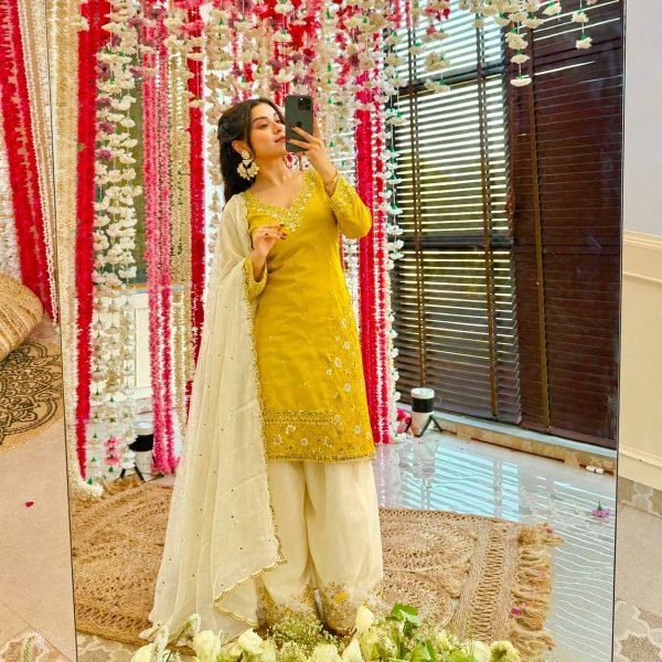 Minimalist Yellow Pure HO Silk Embroidered Top with Farsi Salwar and Dupatta Ready To Wear Collection
