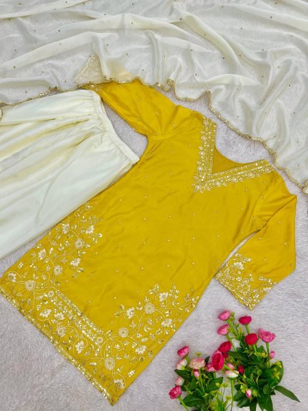 Minimalist Yellow Pure HO Silk Embroidered Top with Farsi Salwar and Dupatta Ready To Wear Collection