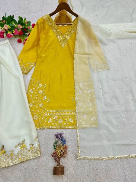 Minimalist Yellow Pure HO Silk Embroidered Top with Farsi Salwar and Dupatta Ready To Wear Collection