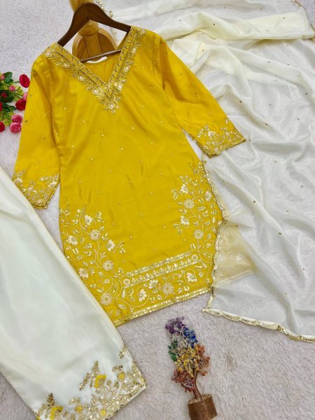 Minimalist Yellow Pure HO Silk Embroidered Top with Farsi Salwar and Dupatta Ready To Wear Collection