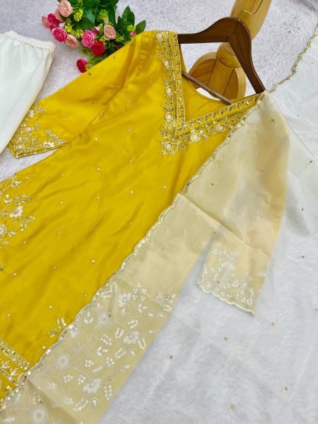 Minimalist Yellow Pure HO Silk Embroidered Top with Farsi Salwar and Dupatta Ready To Wear Collection