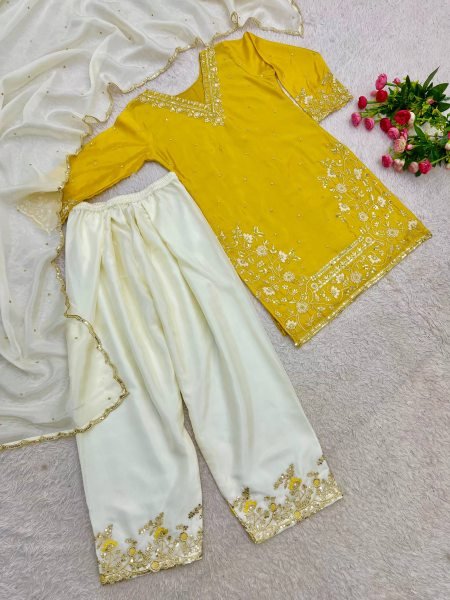Minimalist Yellow Pure HO Silk Embroidered Top with Farsi Salwar and Dupatta Ready To Wear Collection
