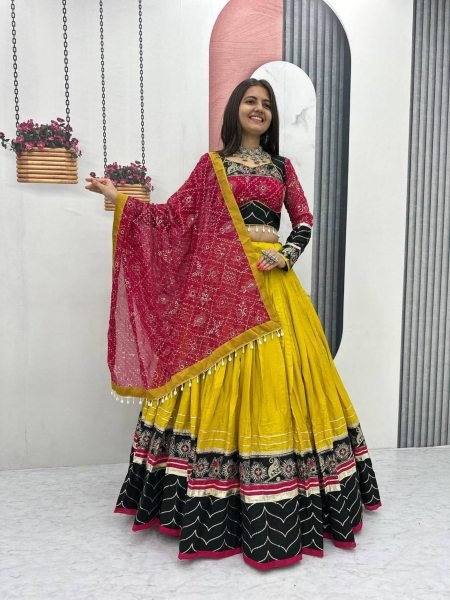 Minimalist Yellow Rayon Cotton Lehenga Choli with Embroidery Work and Dupatta  Lehenga