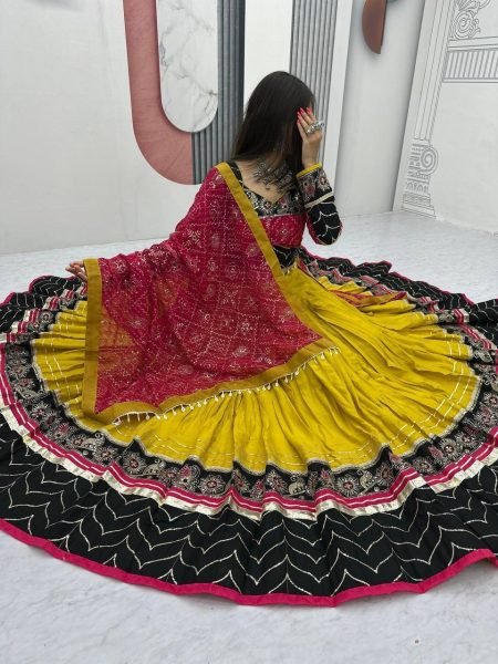 Minimalist Yellow Rayon Cotton Lehenga Choli with Embroidery Work and Dupatta Navratri Lehnega Choli
