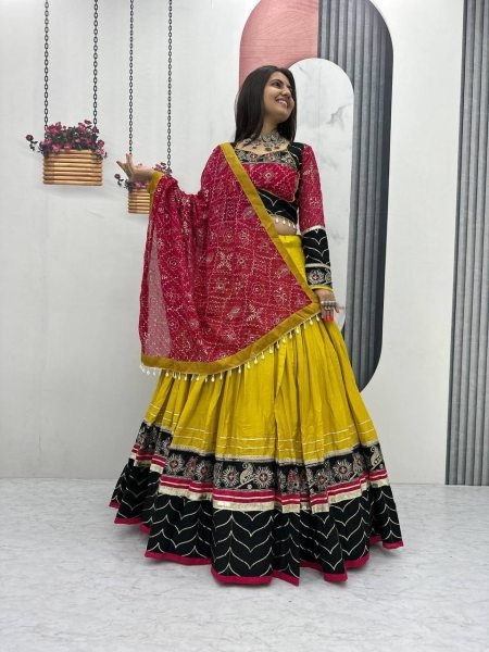 Minimalist Yellow Rayon Cotton Lehenga Choli with Embroidery Work and Dupatta Navratri Lehnega Choli
