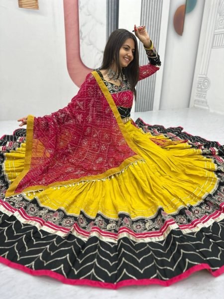 Minimalist Yellow Rayon Cotton Lehenga Choli with Embroidery Work and Dupatta Navratri Lehnega Choli