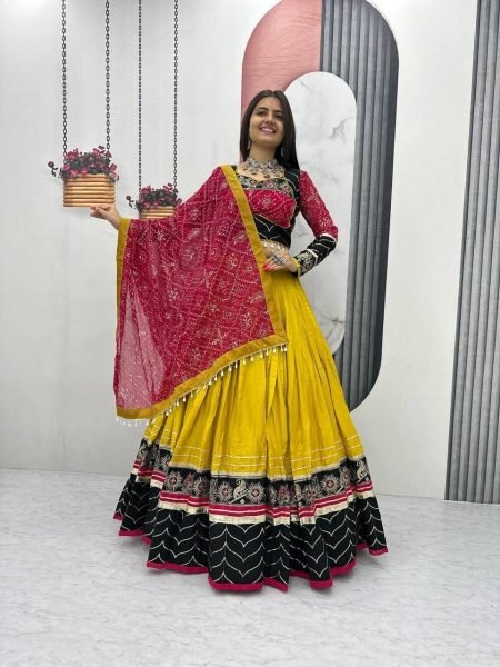 Minimalist Yellow Rayon Cotton Lehenga Choli with Embroidery Work and Dupatta Navratri Lehnega Choli