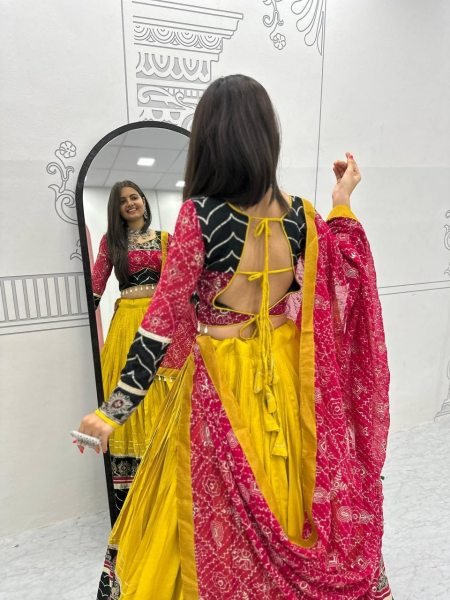 Minimalist Yellow Rayon Cotton Lehenga Choli with Embroidery Work and Dupatta Navratri Lehnega Choli