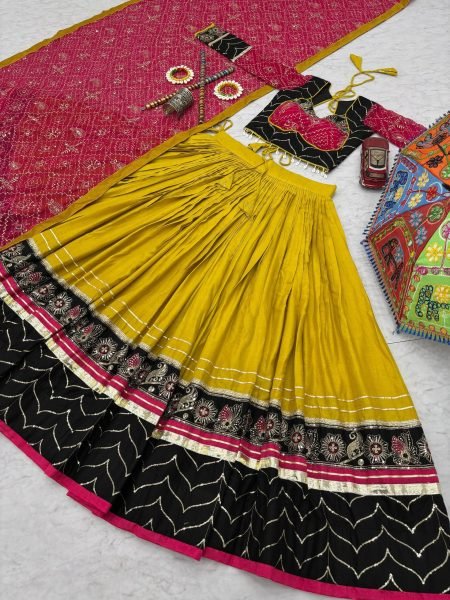 Minimalist Yellow Rayon Cotton Lehenga Choli with Embroidery Work and Dupatta Navratri Lehnega Choli