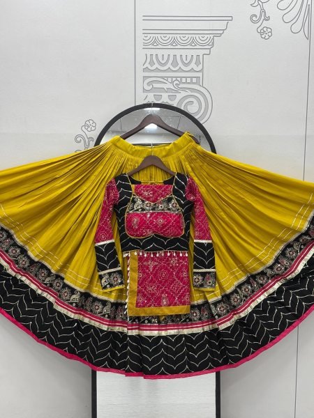 Minimalist Yellow Rayon Cotton Lehenga Choli with Embroidery Work and Dupatta Navratri Lehnega Choli
