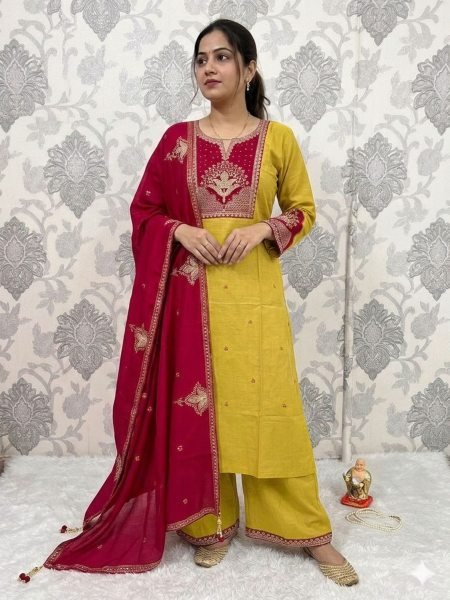 Minimalist Yellow Straight Kurti Set with Embroidery Work for Women Kurtis