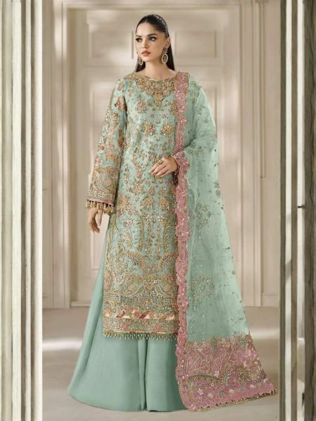 Mint Green Designer Heavy Chiffon Suit with Khatli and Sequin Embroidery Work 