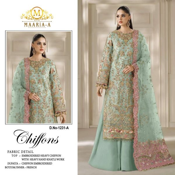 Mint Green Designer Heavy Chiffon Suit with Khatli and Sequin Embroidery Work Pakistani Suits Wholesale