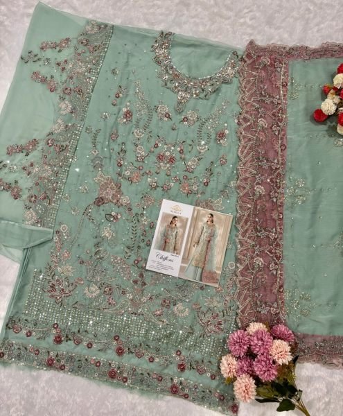 Mint Green Designer Heavy Chiffon Suit with Khatli and Sequin Embroidery Work Pakistani Suits Wholesale