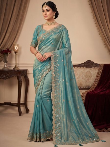 Mint Green Fandy Satin Silk Saree Collection with Cutwork Border and Designer Blouse 